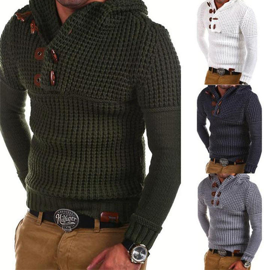 Herren Strickpullover mit Kapuze und modernen Holzknöpfen EB