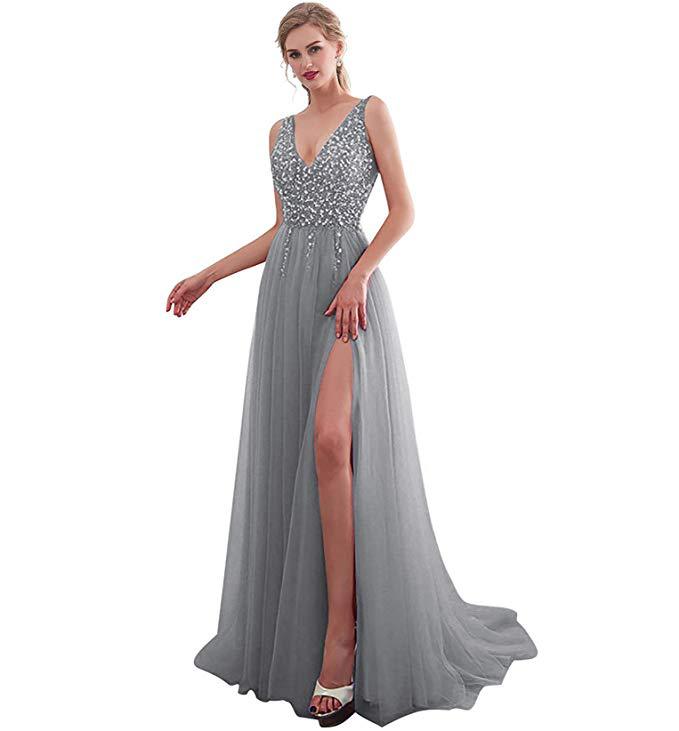 Damen Elegantes Abendkleid mit funkelnden Pailletten und tiefem Schlitz EB