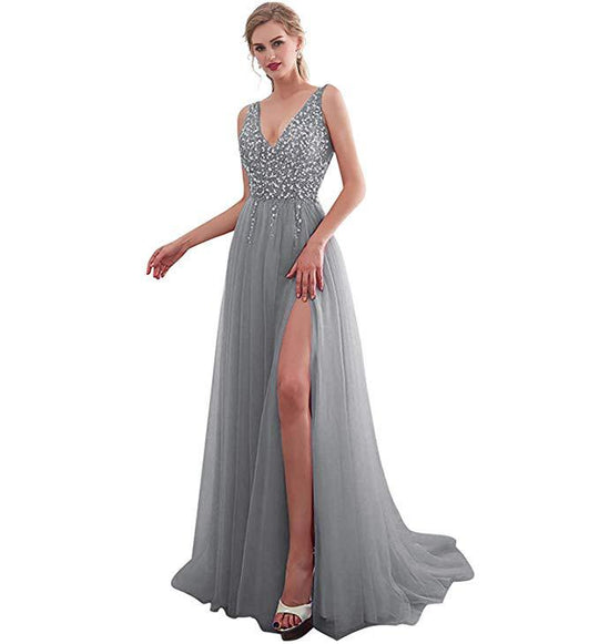 Damen Elegantes Abendkleid mit funkelnden Pailletten und tiefem Schlitz EB