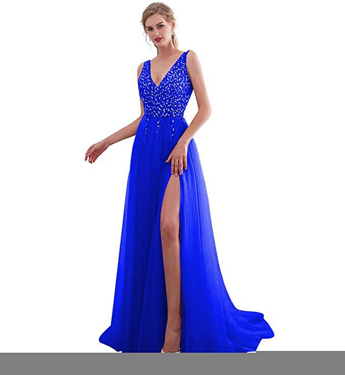 Damen Elegantes Abendkleid mit funkelnden Pailletten und tiefem Schlitz EB