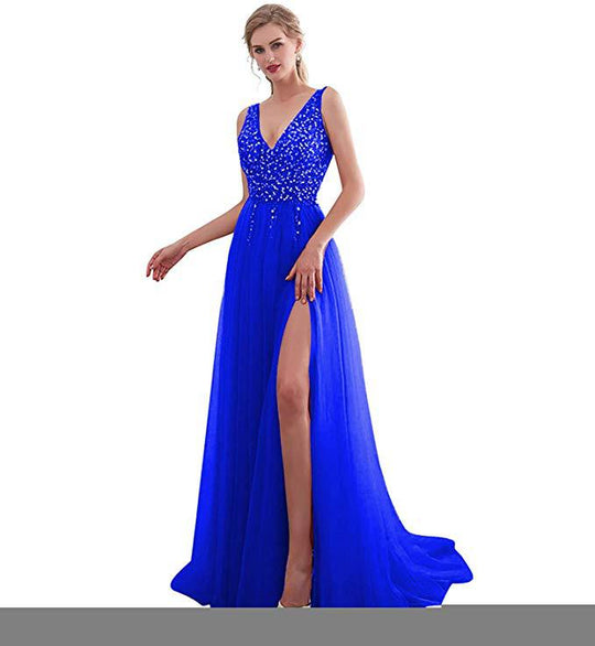Damen Elegantes Abendkleid mit funkelnden Pailletten und tiefem Schlitz EB