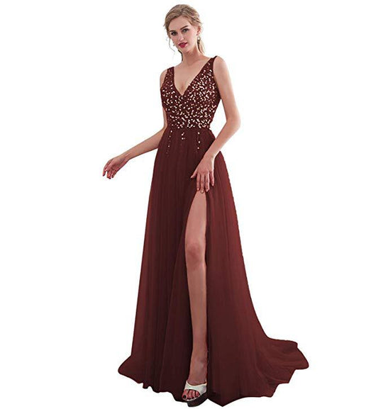 Damen Elegantes Abendkleid mit funkelnden Pailletten und tiefem Schlitz EB