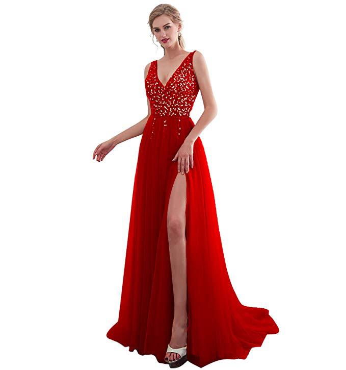 Damen Elegantes Abendkleid mit funkelnden Pailletten und tiefem Schlitz EB