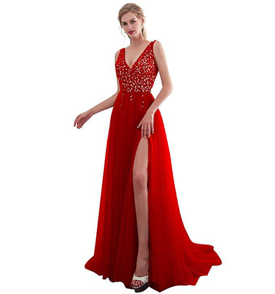 Damen Elegantes Abendkleid mit funkelnden Pailletten und tiefem Schlitz EB