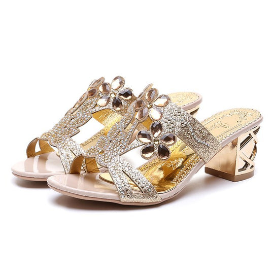 Damen nan verzierte Riemchensandalen mit mittelhohem geometrischem Blockabsatz und Kristallblumen EB
