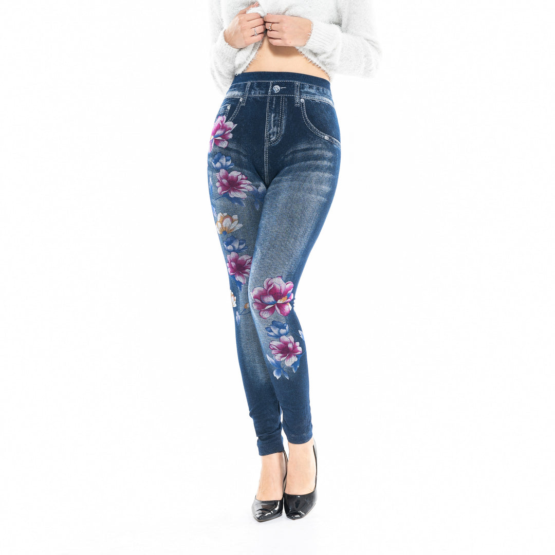 Damen High-Waist Jeansleggings mit floralen Applikationen EB