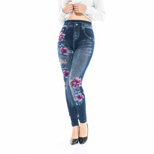 Damen High-Waist Jeansleggings mit floralen Applikationen EB