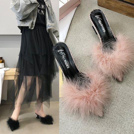 Damen elegante Mules mit glamourösem Flausche-Akzent EB