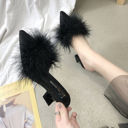 Damen elegante Mules mit glamourösem Flausche-Akzent EB