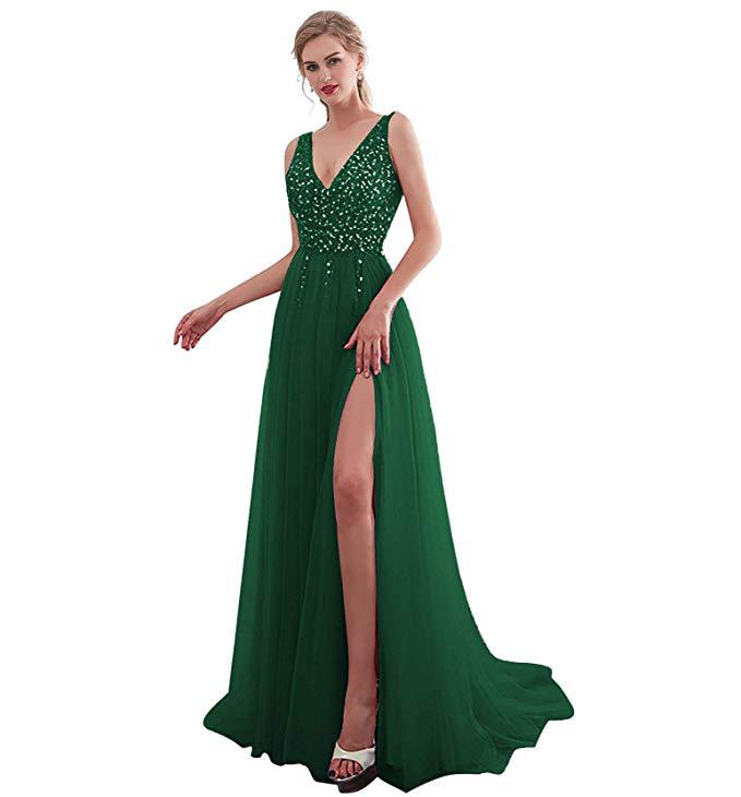 Damen Elegantes Abendkleid mit funkelnden Pailletten und tiefem Schlitz EB