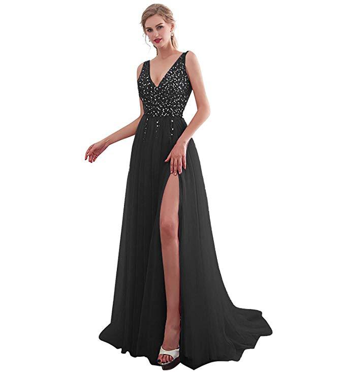 Damen Elegantes Abendkleid mit funkelnden Pailletten und tiefem Schlitz EB