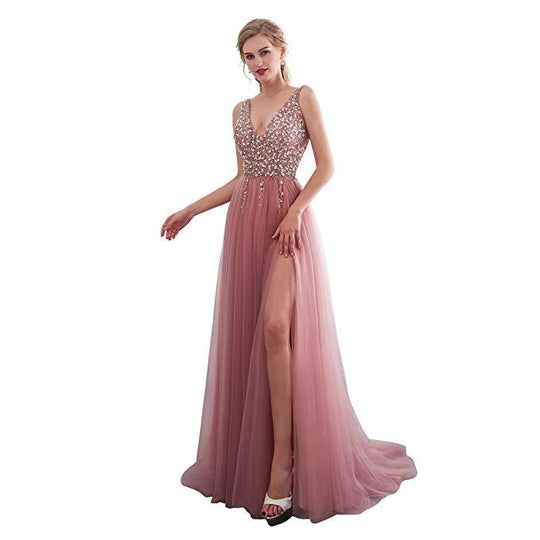Damen Elegantes Abendkleid mit funkelnden Pailletten und tiefem Schlitz EB