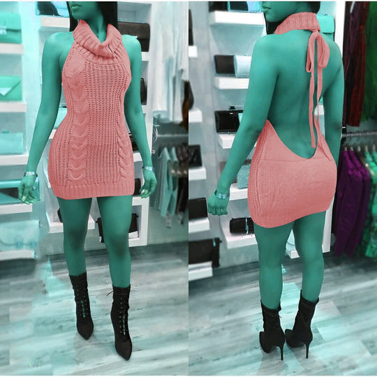 Damen Strickkleid mit tiefem Rollkragen und trendigem Rückenausschnitt EB
