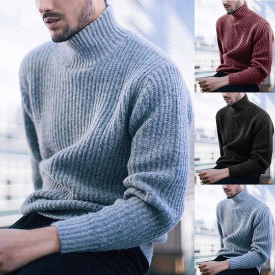 Herren Strickpullover mit hohem Kragen und feinem Rippmuster EB