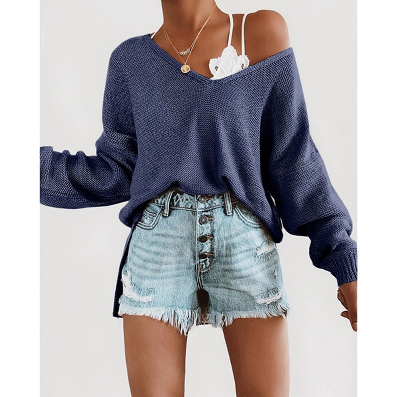 Damen lässiger Strickpullover mit tiefem V-Ausschnitt und lockerer Silhouette EB