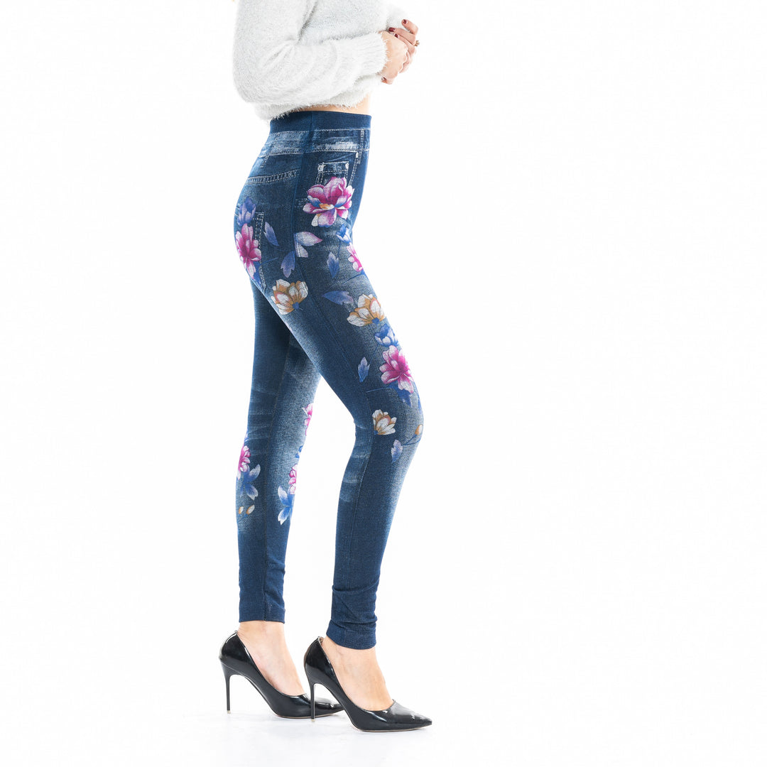 Damen High-Waist Jeansleggings mit floralen Applikationen EB