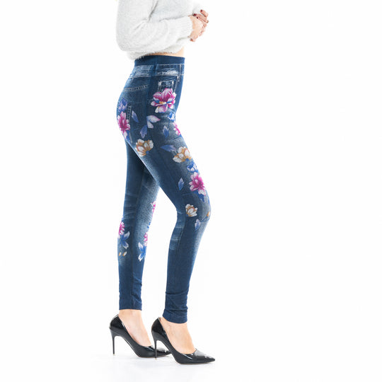Damen High-Waist Jeansleggings mit floralen Applikationen EB
