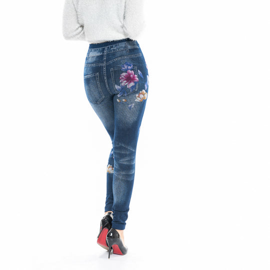 Damen High-Waist Jeansleggings mit floralen Applikationen EB