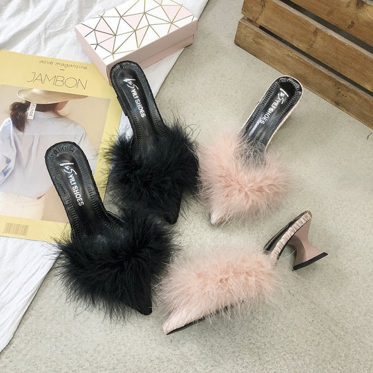 Damen elegante Mules mit glamourösem Flausche-Akzent EB