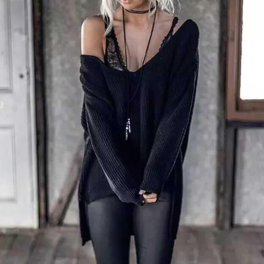 Damen Grobstrickpullover mit tiefem V-Ausschnitt und weiten Ärmeln EB