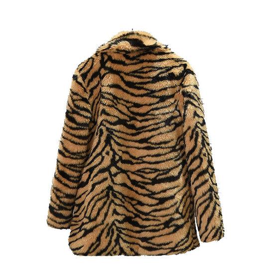 Damen Eleganter Kunstfellmantel im Tigerprint-Design EB