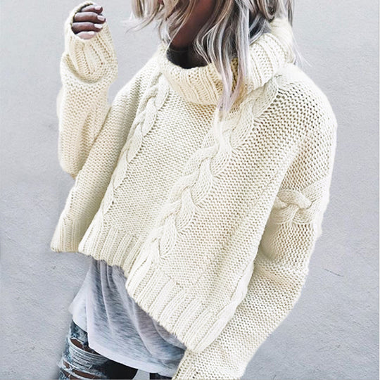 Damen Grobstrickpullover mit voluminösem Rollkragen und Zopfmuster EB