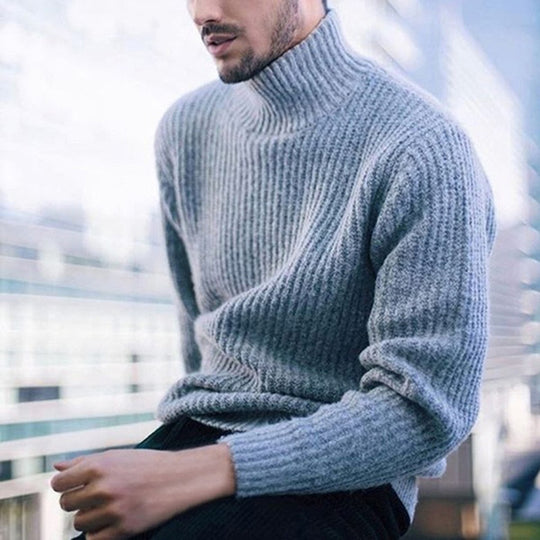 Herren Strickpullover mit hohem Kragen und feinem Rippmuster EB