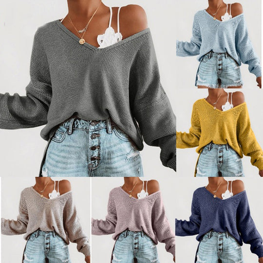 Damen lässiger Strickpullover mit tiefem V-Ausschnitt und lockerer Silhouette EB