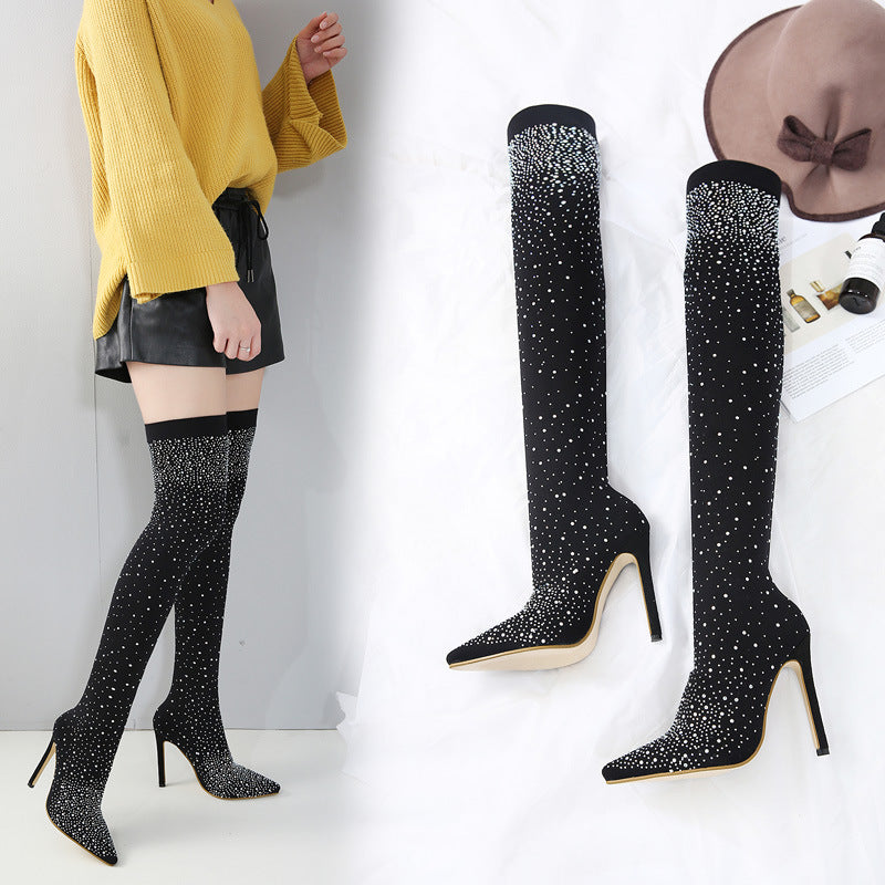 EB | Strass Hohe Stiefel mit Absatz Bis Zum Oberschenkel