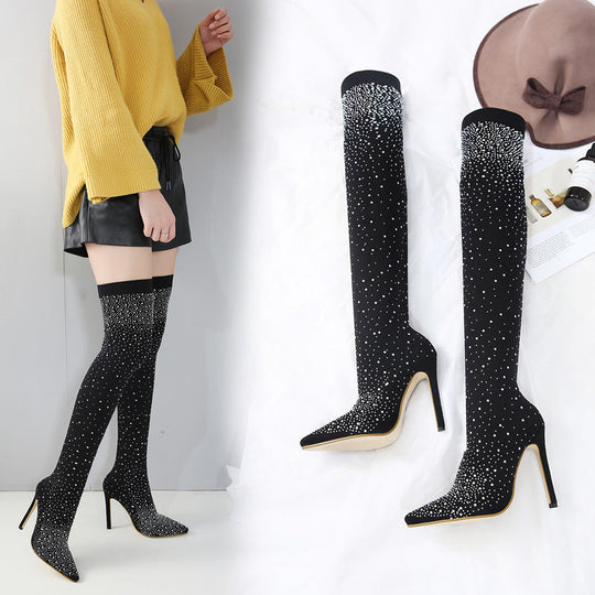 EB | Strass Hohe Stiefel mit Absatz Bis Zum Oberschenkel