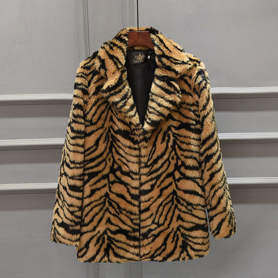 Damen Eleganter Kunstfellmantel im Tigerprint-Design EB