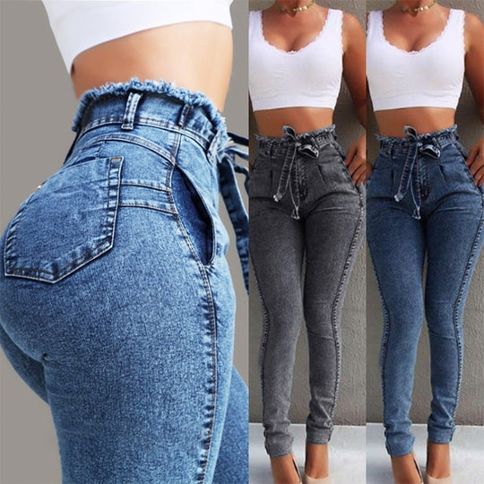Damen figurschmeichelnde High-Waist Jeans mit praktischen Taschen und verstellbarem Kordelzug EB