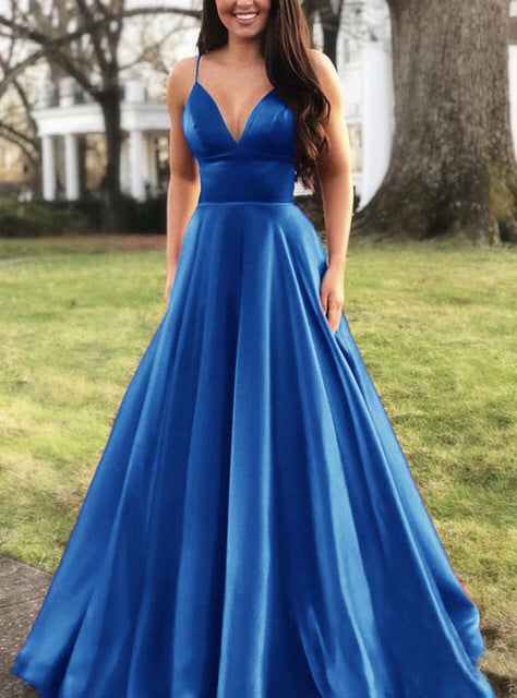 Damen A-Linien Abendkleid mit tiefem Ausschnitt und schmalen Trägern EB