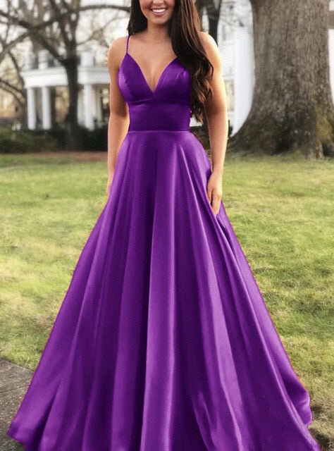 Damen A-Linien Abendkleid mit tiefem Ausschnitt und schmalen Trägern EB