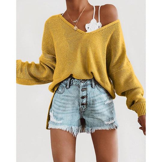 Damen lässiger Pullover mit tiefem V-Ausschnitt und überschnittenen Ärmeln EB