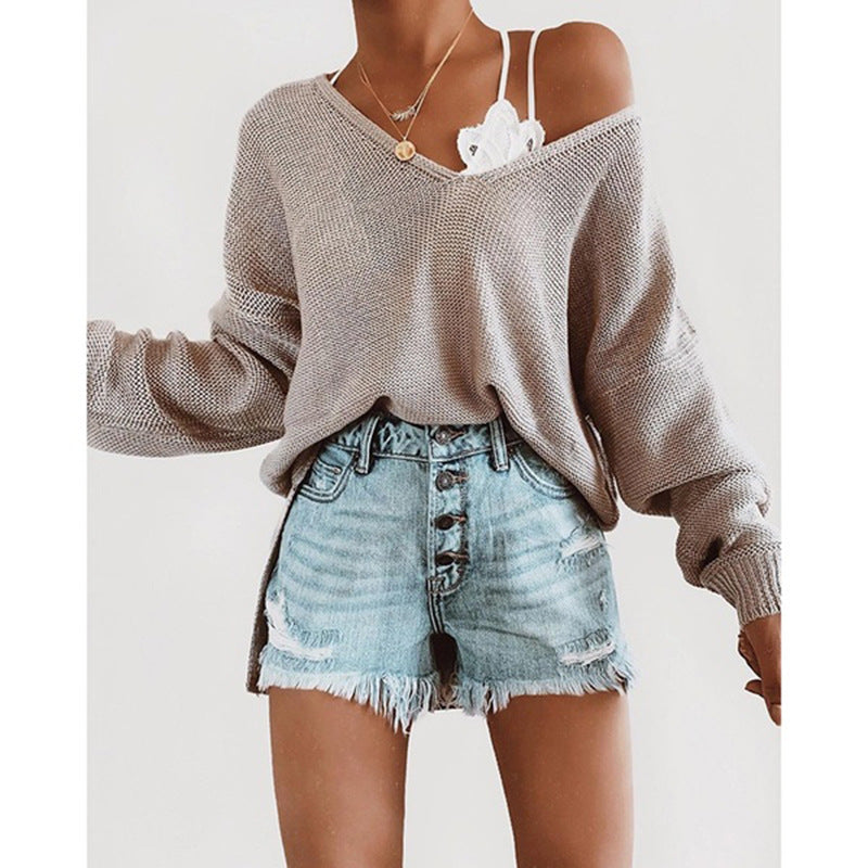 Damen lässiger Strickpullover mit tiefem V-Ausschnitt und lockerer Silhouette EB