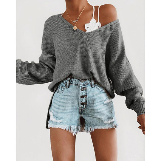 Damen lässiger Strickpullover mit tiefem V-Ausschnitt und lockerer Silhouette EB