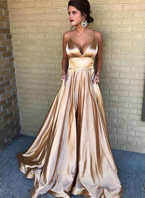 Damen A-Linien Abendkleid mit tiefem Ausschnitt und schmalen Trägern EB