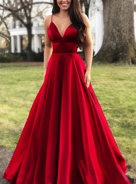 Damen A-Linien Abendkleid mit tiefem Ausschnitt und schmalen Trägern EB
