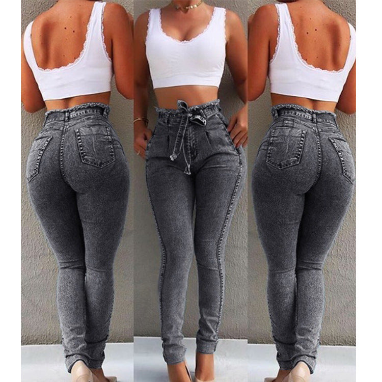 Damen figurschmeichelnde High-Waist Jeans mit praktischen Taschen und verstellbarem Kordelzug EB