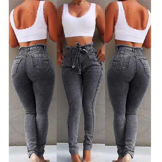 Damen figurschmeichelnde High-Waist Jeans mit praktischen Taschen und verstellbarem Kordelzug EB