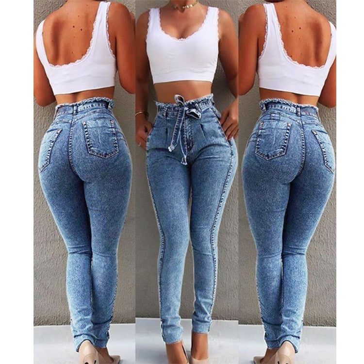Damen figurschmeichelnde High-Waist Jeans mit praktischen Taschen und verstellbarem Kordelzug EB