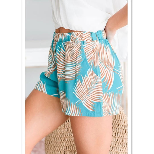 Damen luftige Strandshorts mit elastischem Bund und tropischem Blätterdesign EB