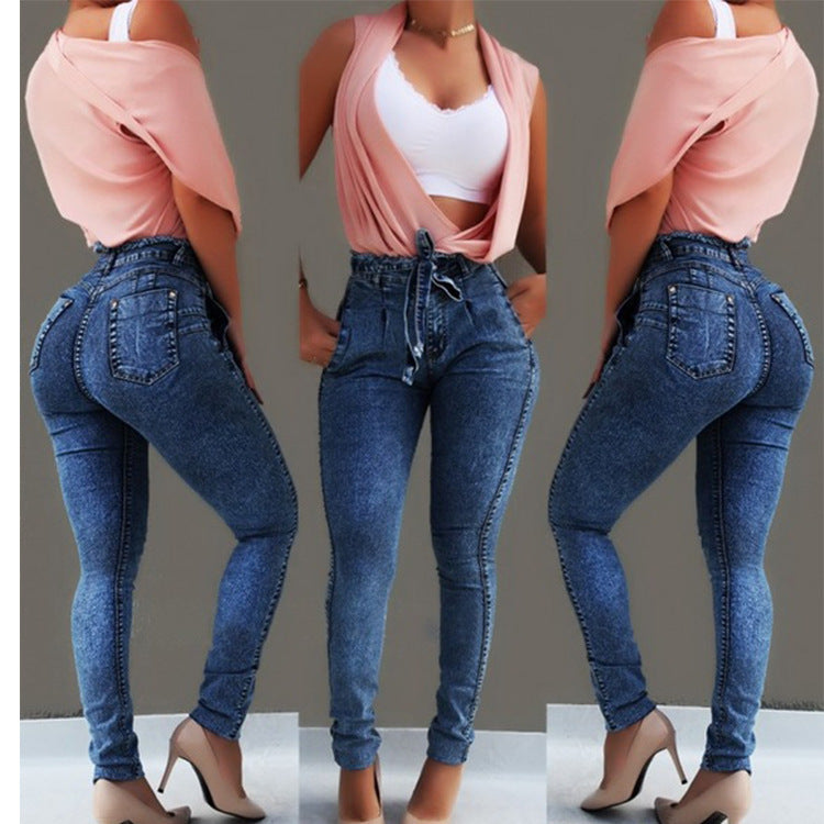 Damen figurschmeichelnde High-Waist Jeans mit praktischen Taschen und verstellbarem Kordelzug EB