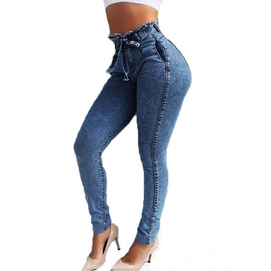 Damen figurschmeichelnde High-Waist Jeans mit praktischen Taschen und verstellbarem Kordelzug EB