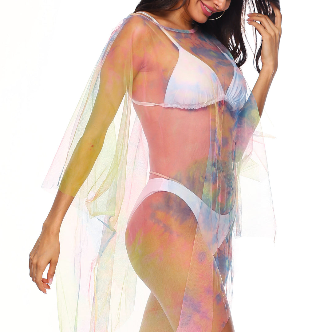 Damen transparenter Strandüberwurf mit bunten Akzenten EB