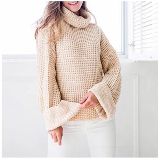 Damen Grobstrickpullover mit voluminösen Ärmeln und hohem Kragen EB