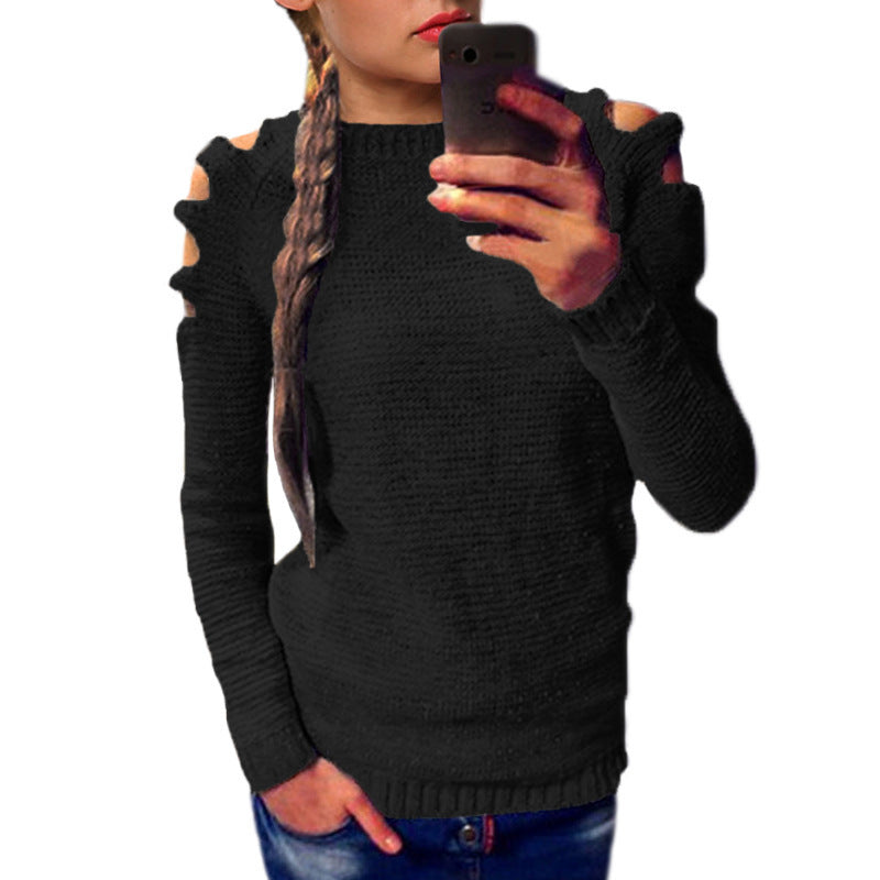 Damen modischer Strickpullover mit offenen Schultern und raffinierten Details EB