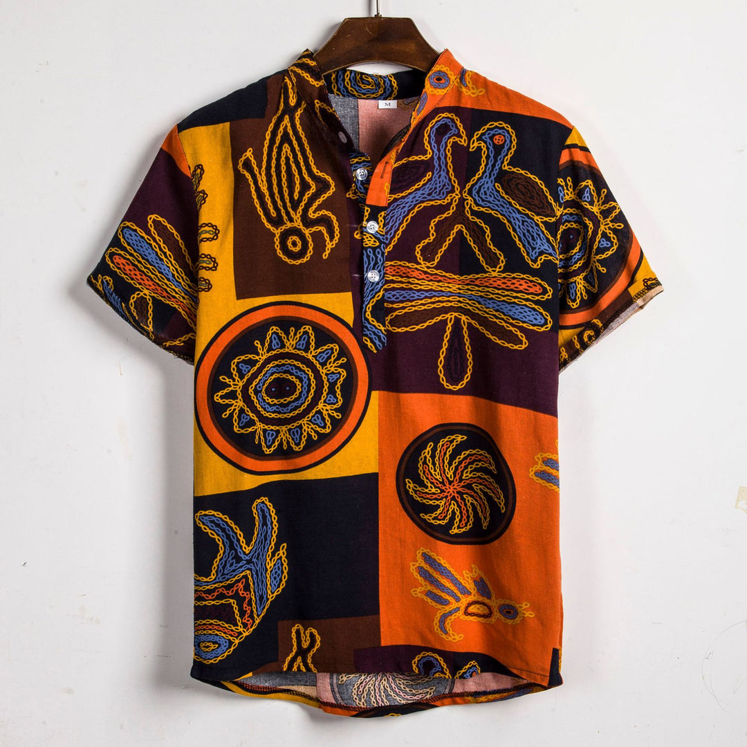 Herren Kurzarmhemd mit afric-inspired Mustern und lässigem Henley-Ausschnitt EB