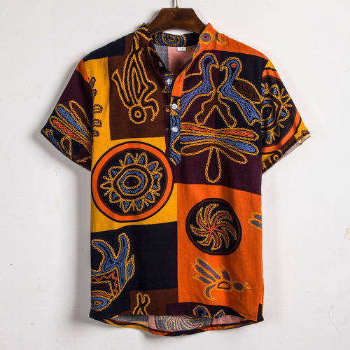 Herren Kurzarmhemd mit afric-inspired Mustern und lässigem Henley-Ausschnitt EB